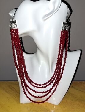Coral Red Opaque Color Multi-Strand Faceted Crystal Beaded Necklace